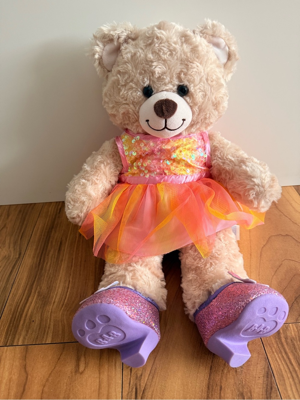 Build-a-bear Teddy Bear in Peach with Pink Sequin Bodice and Orange-Pink Tutu